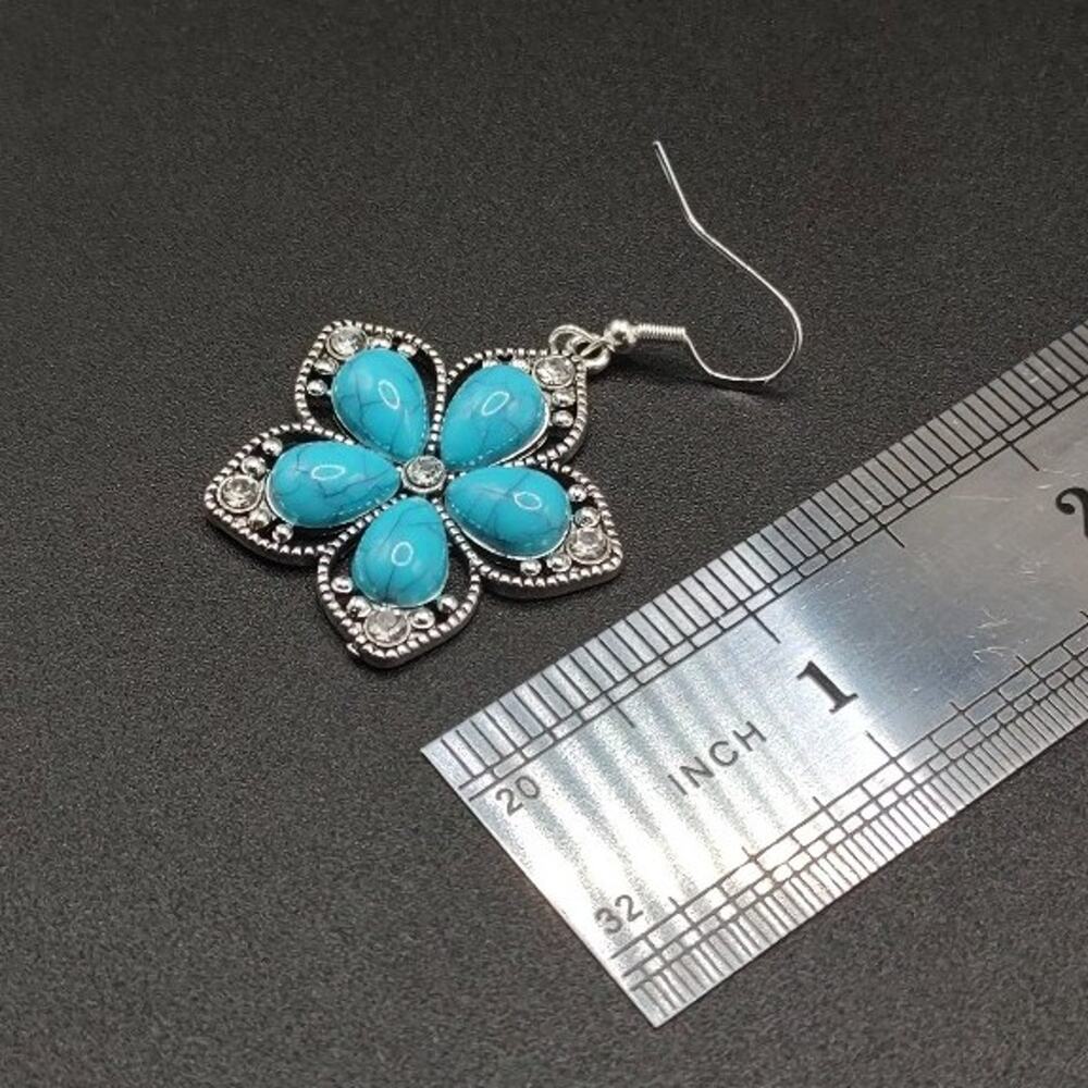 925 Silver Earrings W/ Turquoise Flower CZ Diamonds Spring Summer Woman's Gift